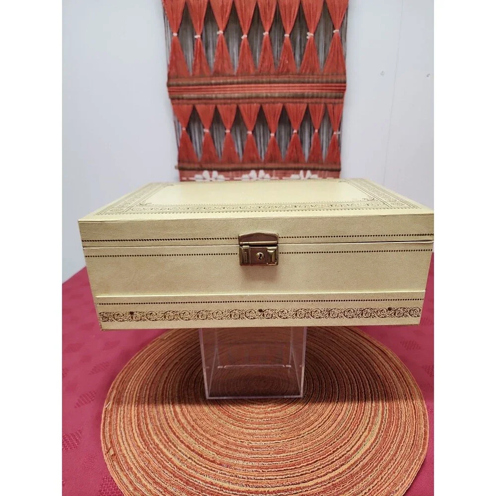 Vintage 1960's Mele & Co. Auto Open Jewelry Box W Original Key Red Velvet Lined
